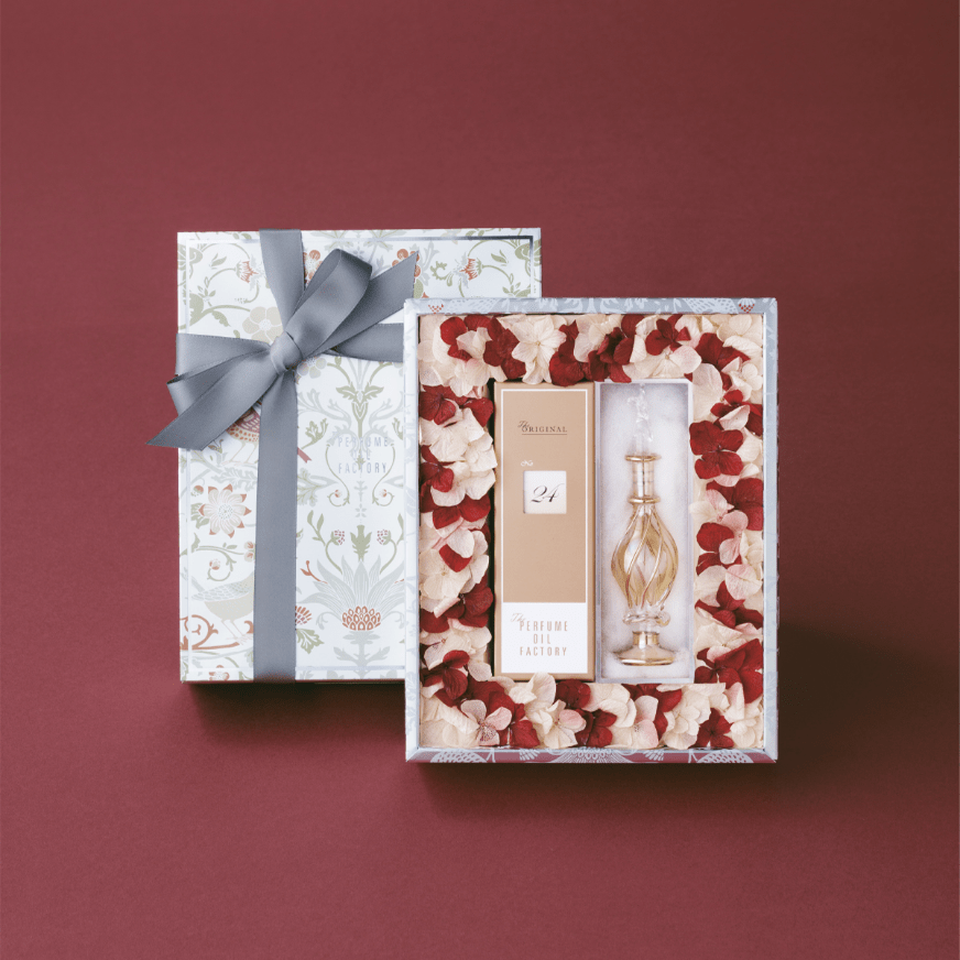 パフュームオイルファクトリー オリジナルパフュームオイルNo.24、パフュームグラス、フラワーアートボックス